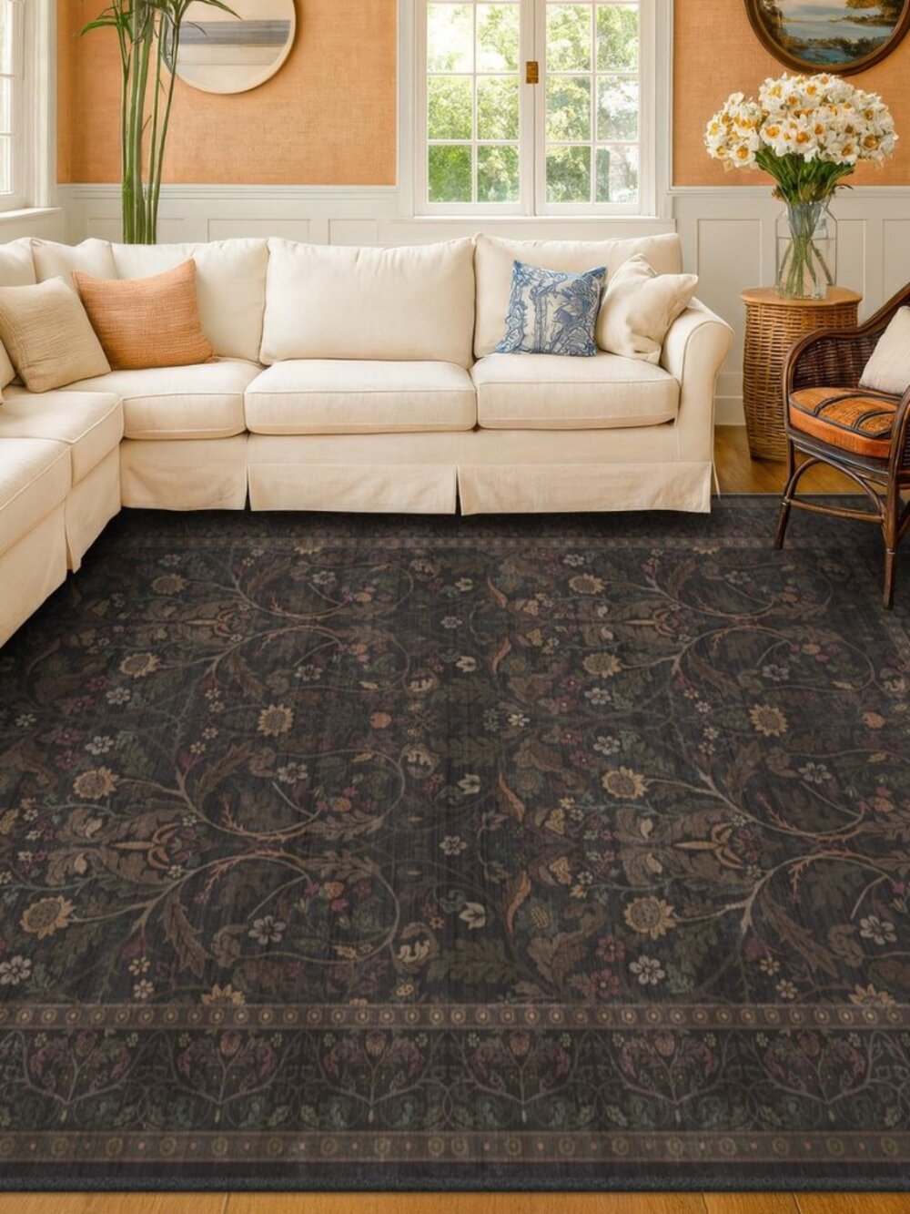 7x10 Washable Rug for Living Room, Dark Brown Vintage Cottagecore Floral Area